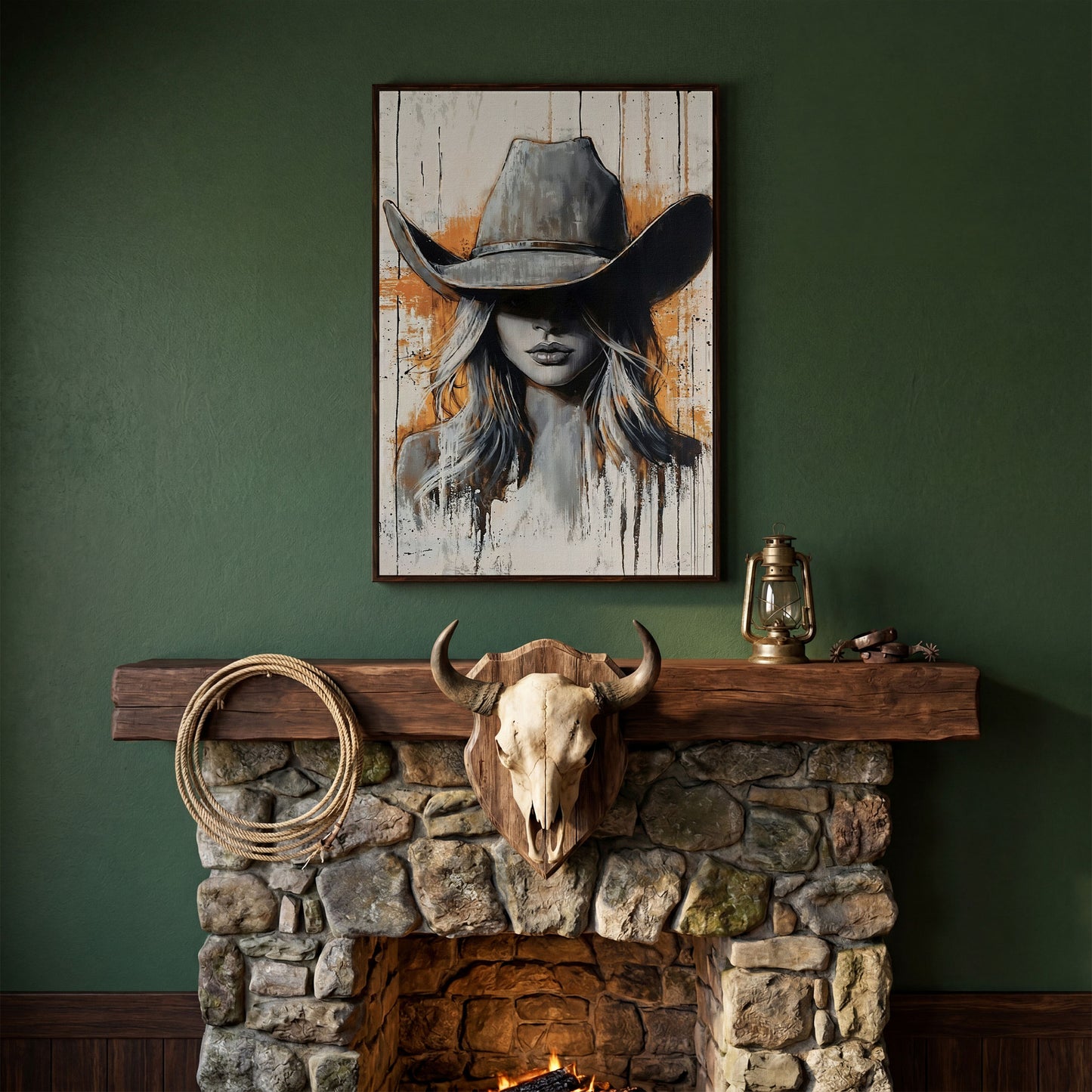 Abstract Cowgirl Portrait Canvas Wall Art, Western Hat Figure in dark walnut floating frame