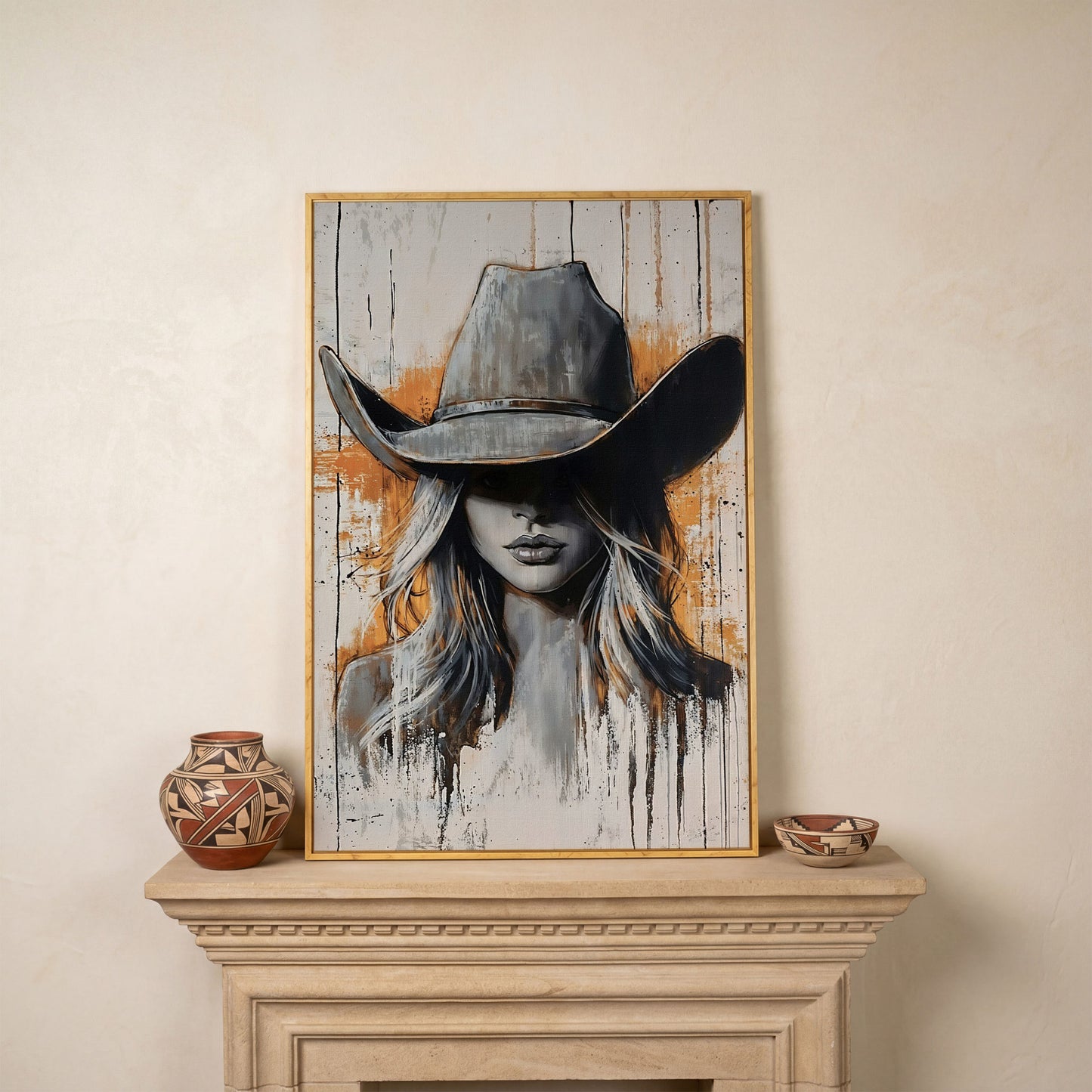 Abstract Cowgirl Portrait Canvas Wall Art, Western Hat Figure in white oak floating frame