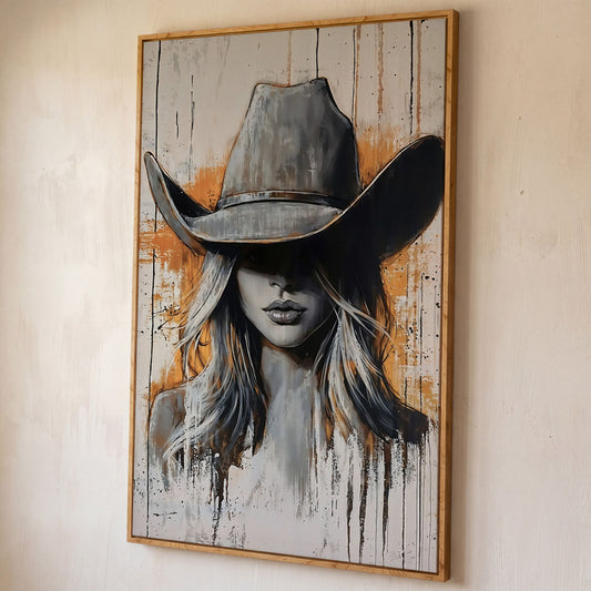 Abstract Cowgirl Portrait Canvas Wall Art, Western Hat Figure shown in white oak floating frame