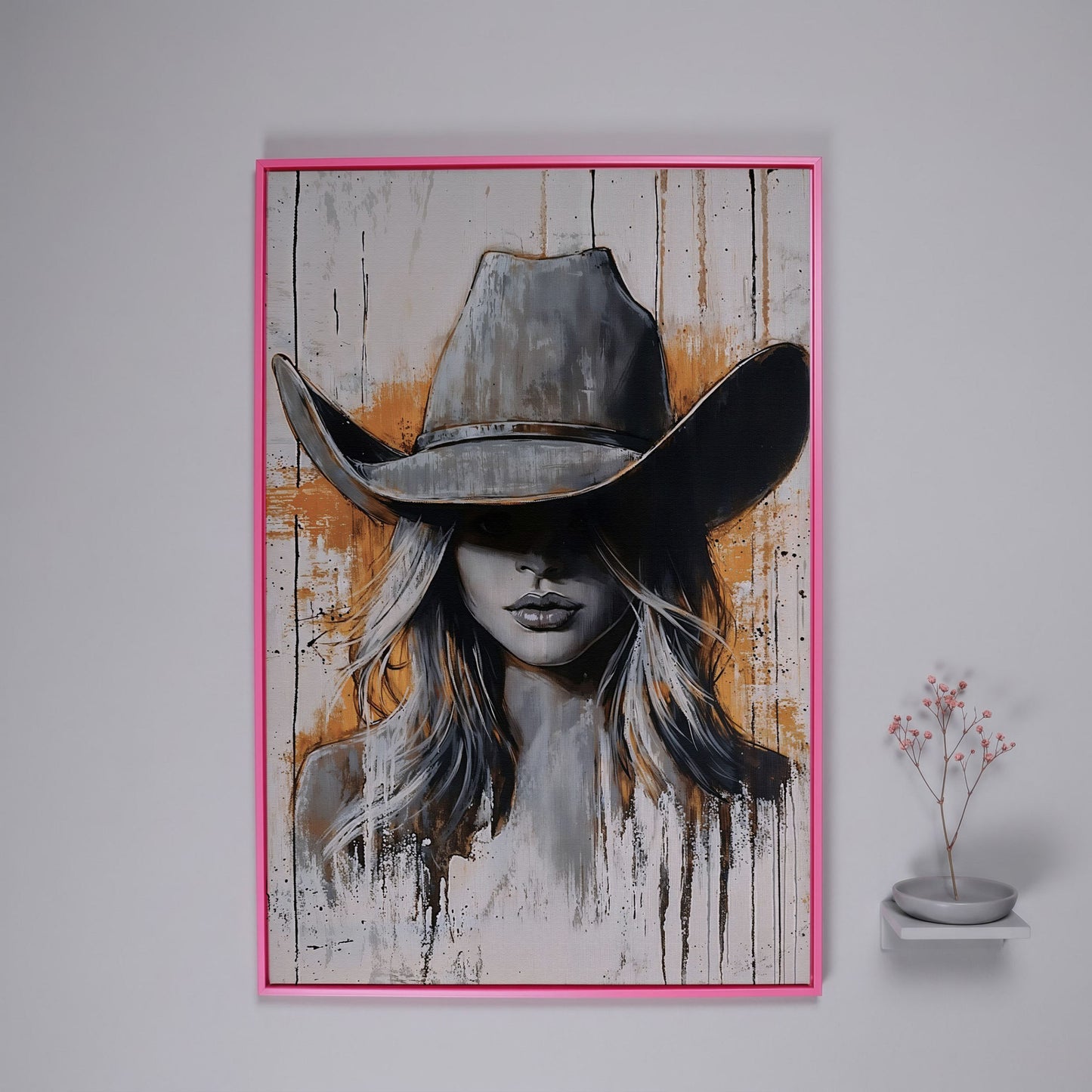 Abstract Cowgirl Portrait Canvas Wall Art, Western Hat Figure in pink floating frame
