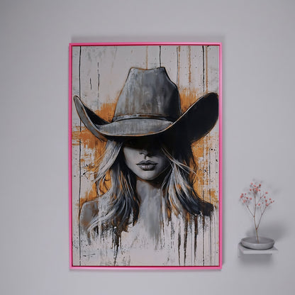 Abstract Cowgirl Portrait Canvas Wall Art, Western Hat Figure in pink floating frame
