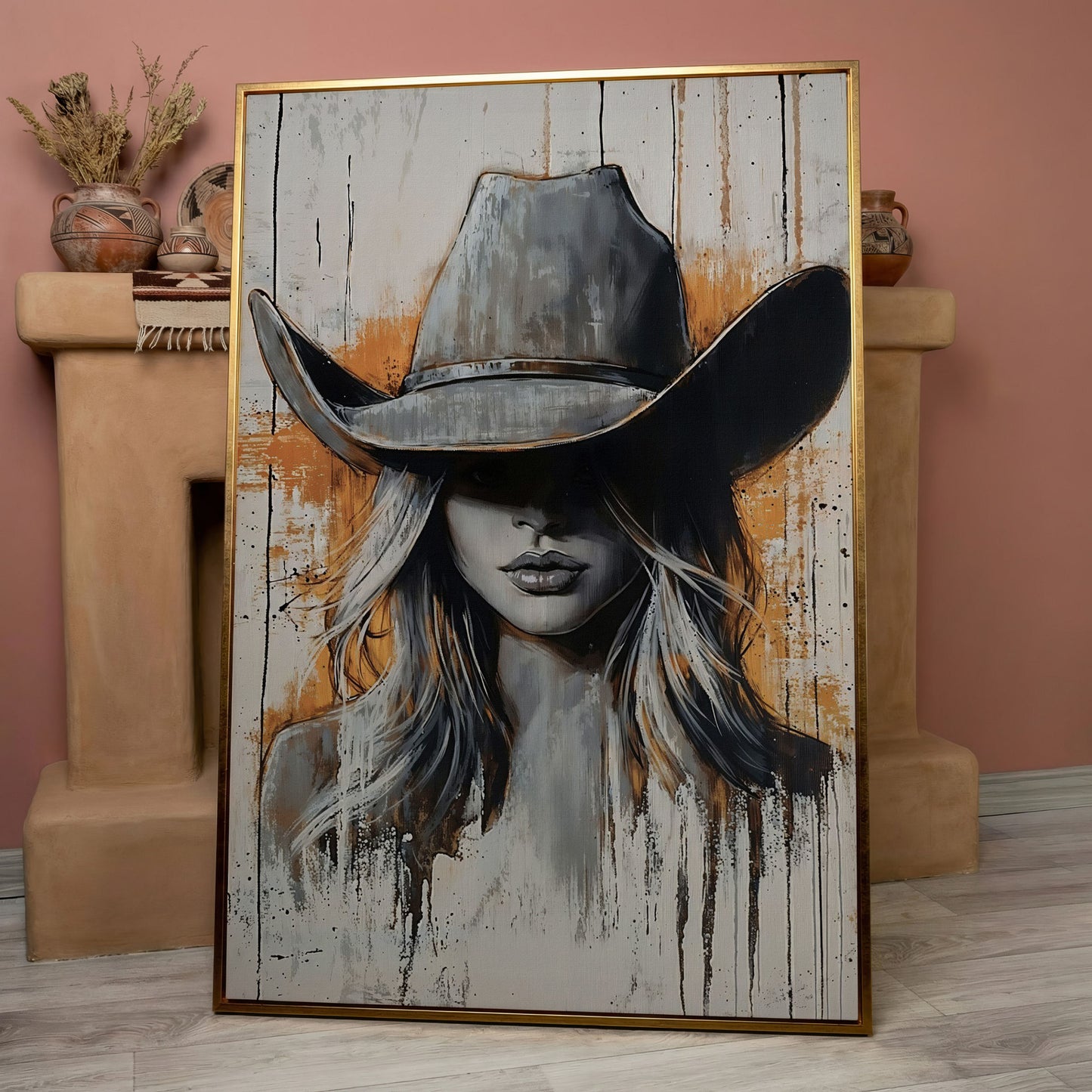 Abstract Cowgirl Portrait Canvas Wall Art, Western Hat Figure in rose gold floating frame