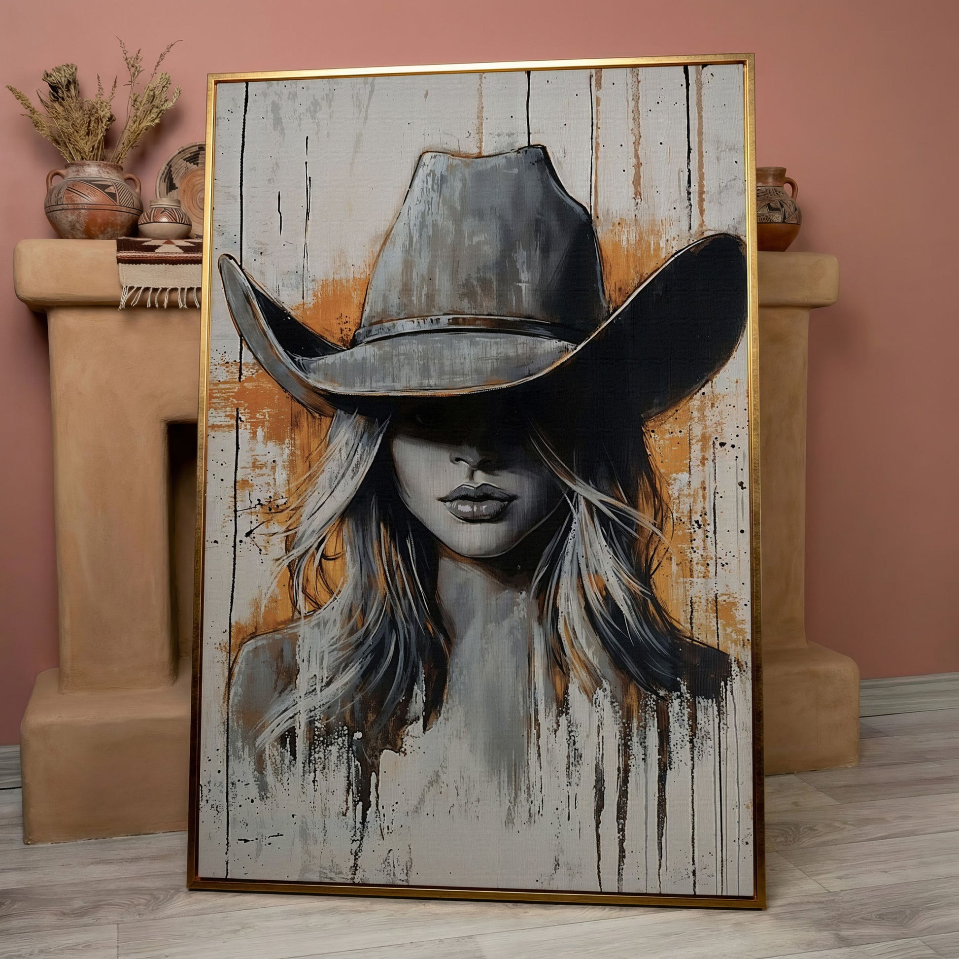 Abstract Cowgirl Portrait Canvas Wall Art, Western Hat Figure in rose gold floating frame