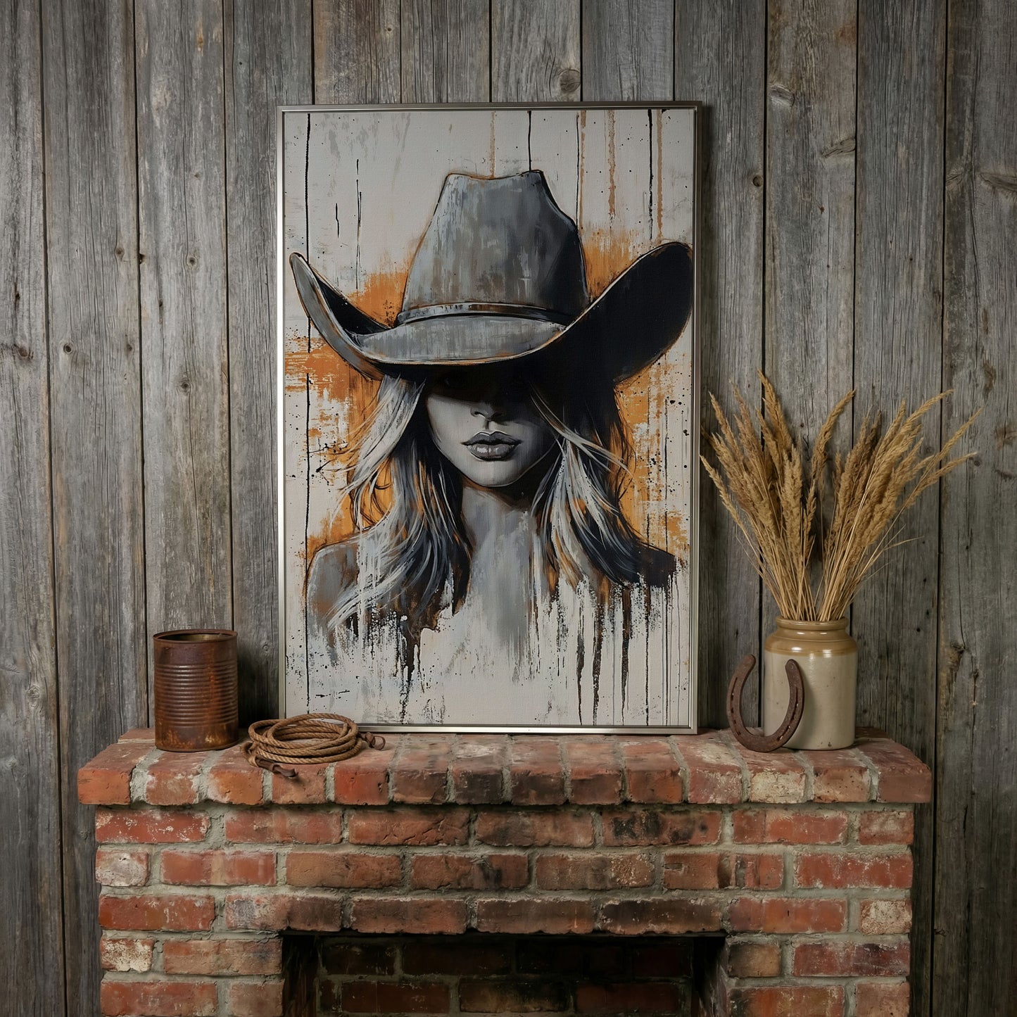 Abstract Cowgirl Portrait Canvas Wall Art, Western Hat Figure in silver floating frame