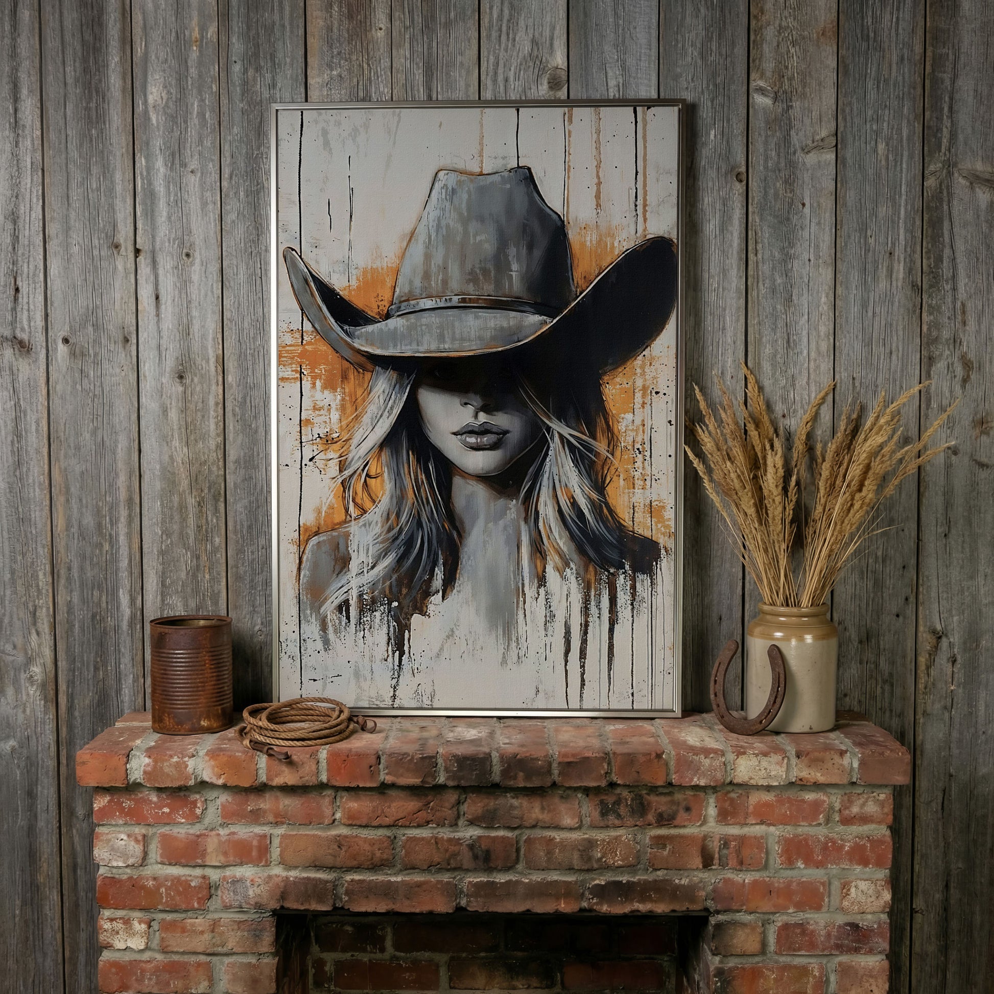 Abstract Cowgirl Portrait Canvas Wall Art, Western Hat Figure in silver floating frame