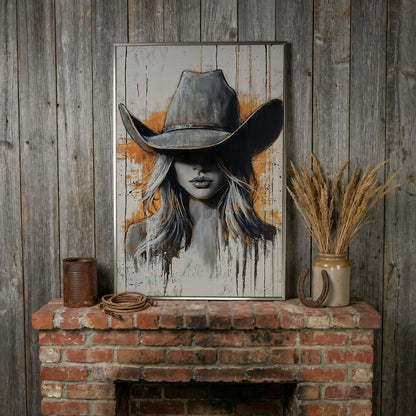 Abstract Cowgirl Portrait Canvas Wall Art, Western Hat Figure in silver floating frame