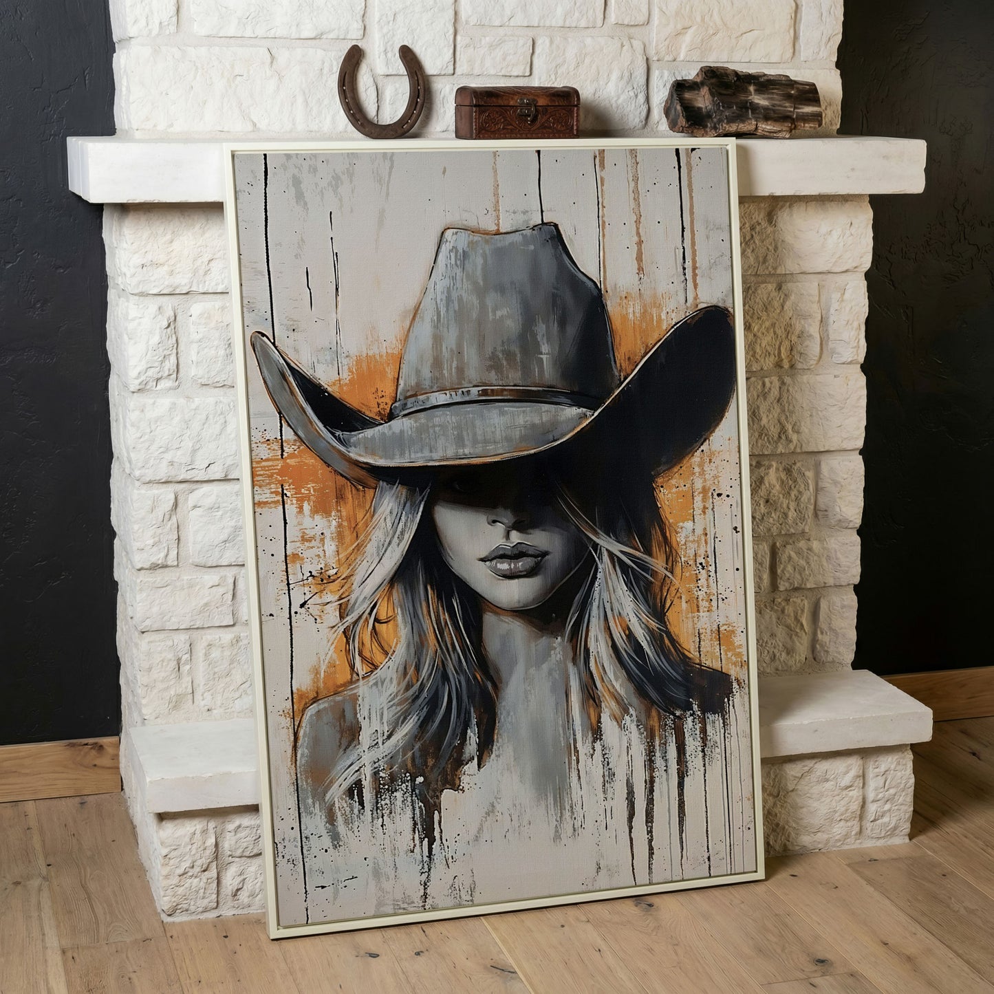 Abstract Cowgirl Portrait Canvas Wall Art, Western Hat Figure in white floating frame