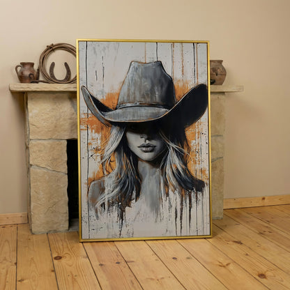 Abstract Cowgirl Portrait Canvas Wall Art, Western Hat Figure in yellow gold floating frame