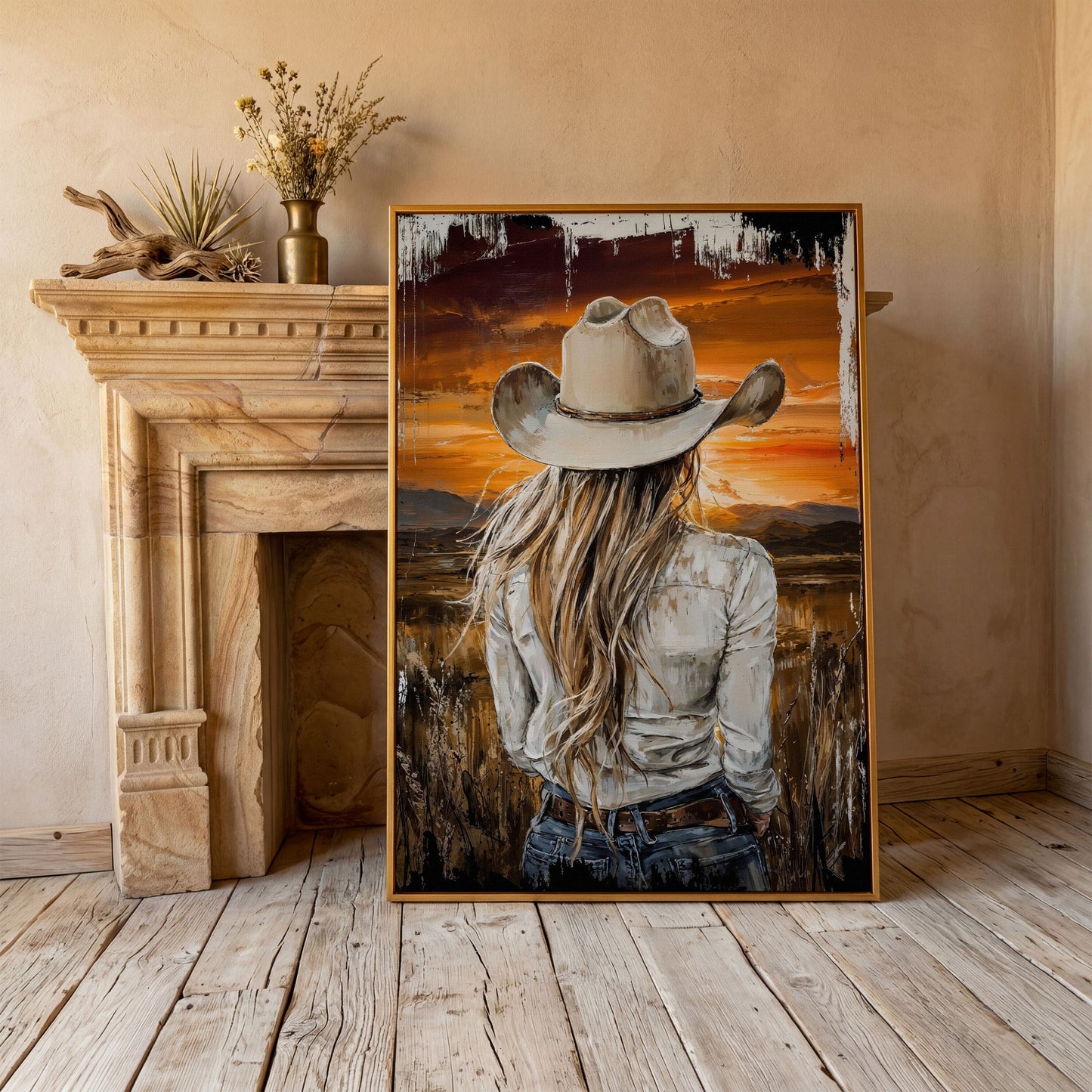Cowgirl at Sunset Canvas Wall Art, Western Mountain View in antique gold floating frame