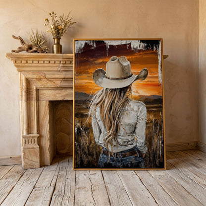 Cowgirl at Sunset Canvas Wall Art, Western Mountain View in antique gold floating frame
