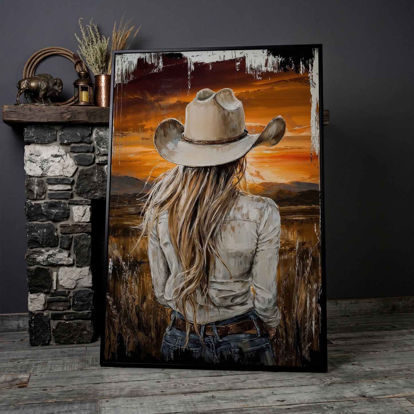 Cowgirl at Sunset Canvas Wall Art, Western Mountain View in black floating frame