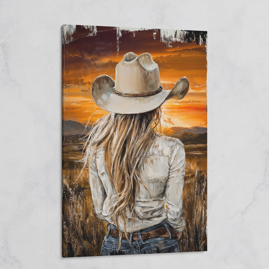 Cowgirl at Sunset Canvas Wall Art, Western Mountain View on gallery wrap