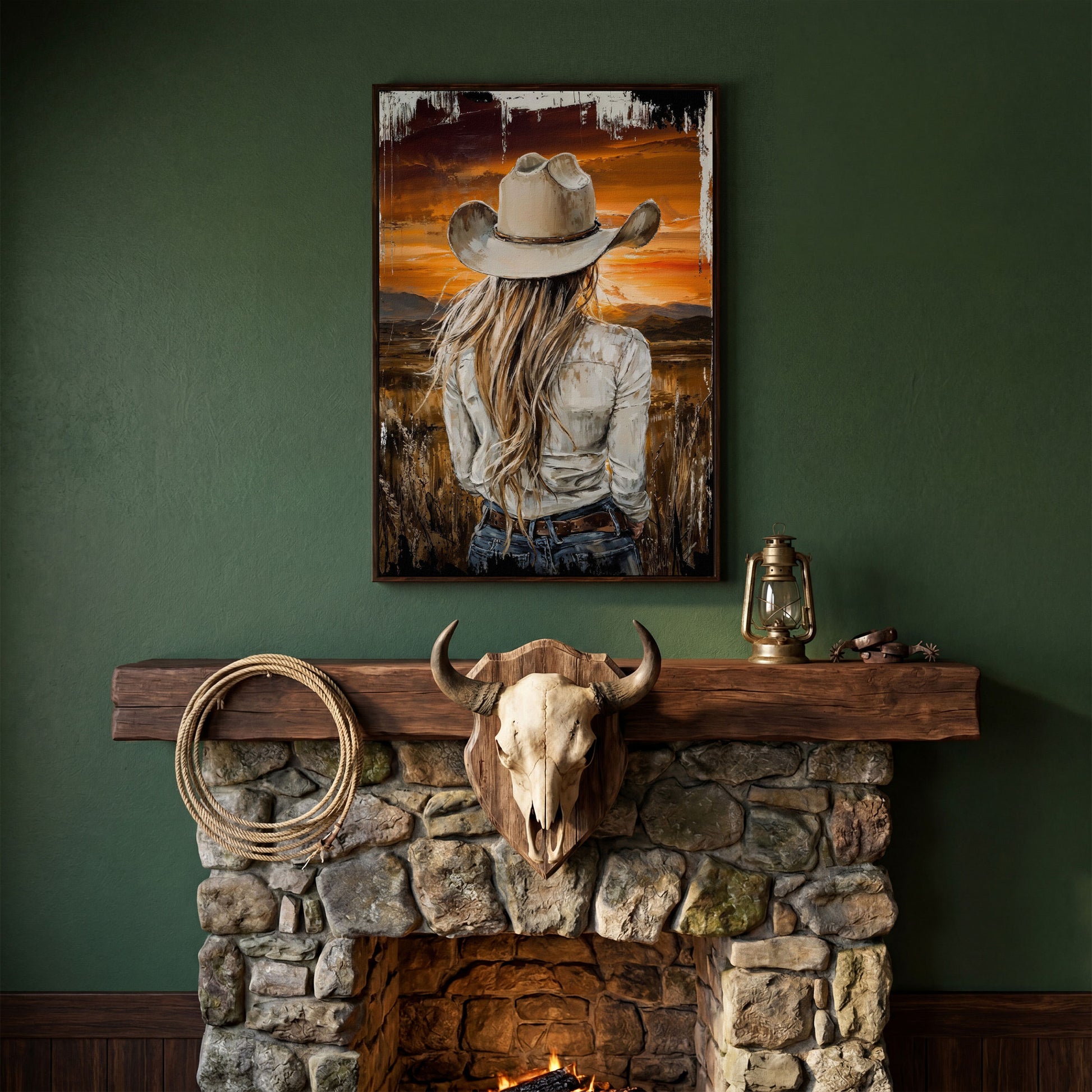 Cowgirl at Sunset Canvas Wall Art, Western Mountain View in dark walnut floating frame