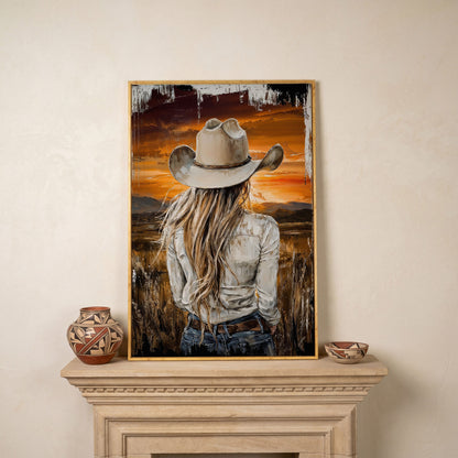 Cowgirl at Sunset Canvas Wall Art, Western Mountain View in white oak floating frame