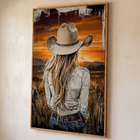 Cowgirl at Sunset Canvas Wall Art, Western Mountain View shown in white oak floating frame