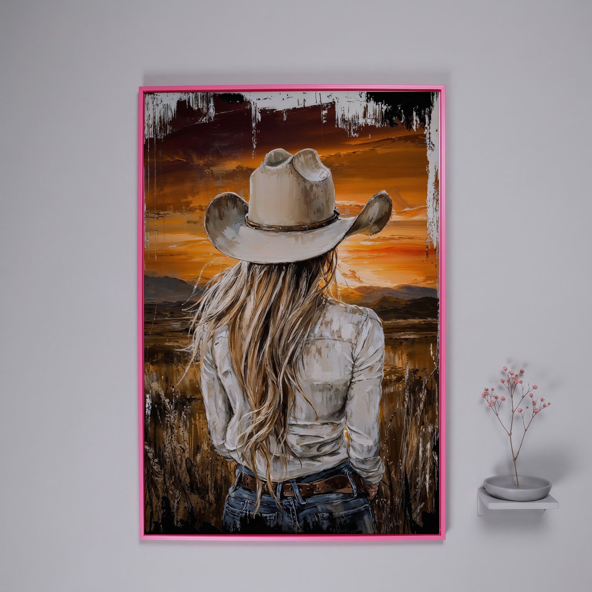 Cowgirl at Sunset Canvas Wall Art, Western Mountain View in pink floating frame