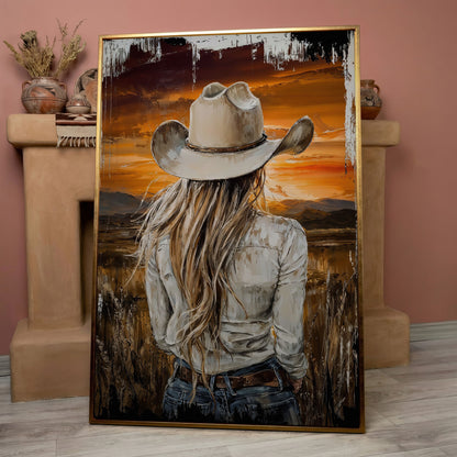 Cowgirl at Sunset Canvas Wall Art, Western Mountain View in rose gold floating frame