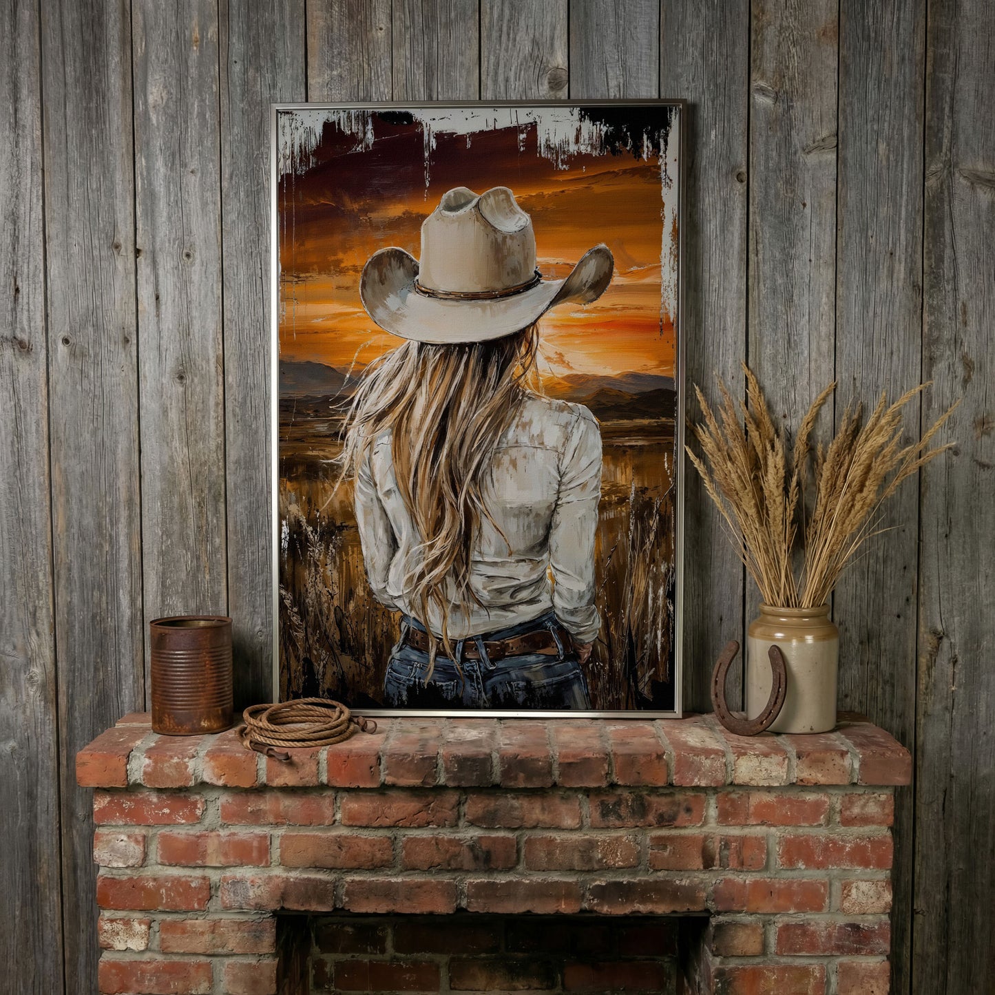Cowgirl at Sunset Canvas Wall Art, Western Mountain View in silver floating frame