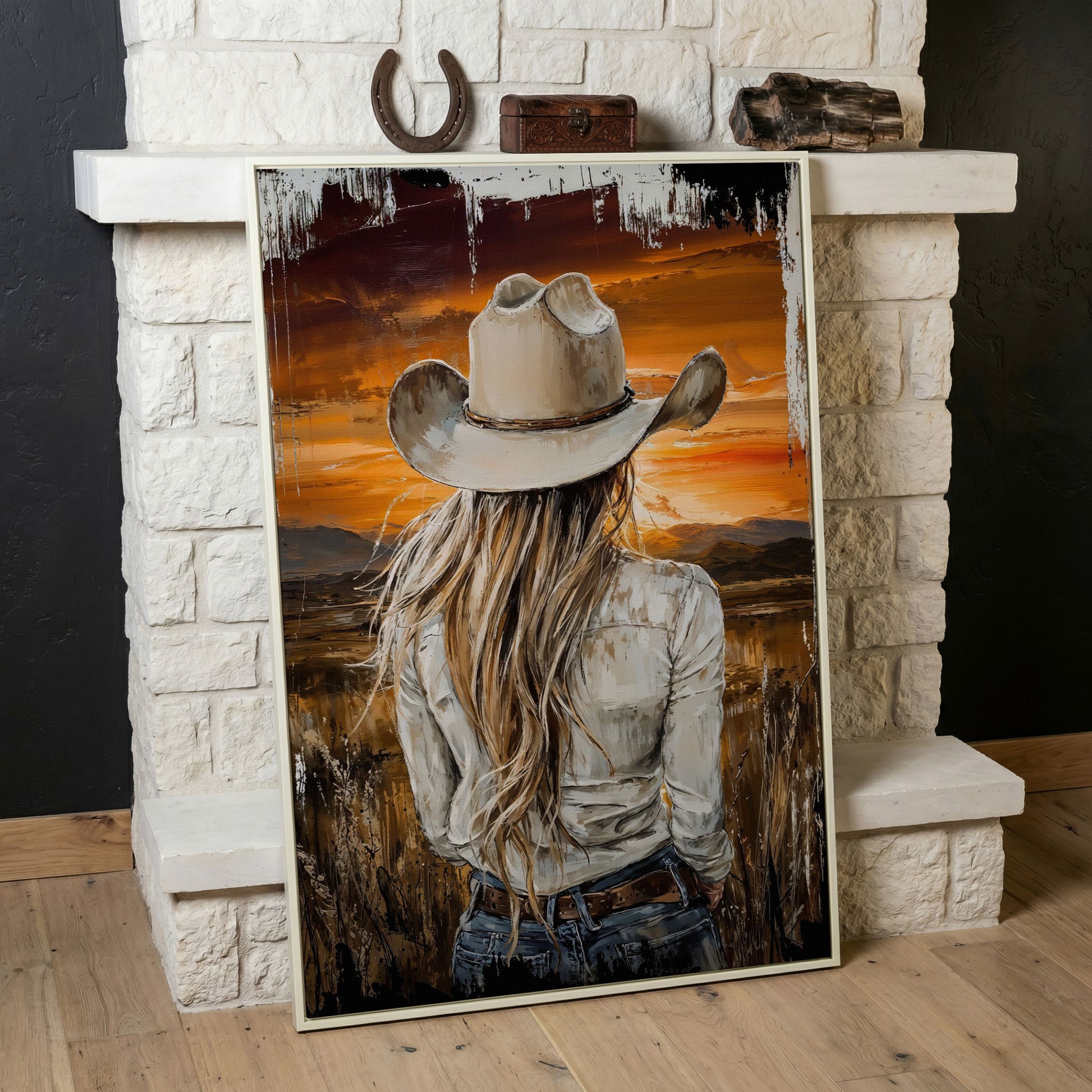 Cowgirl at Sunset Canvas Wall Art, Western Mountain View in white floating frame
