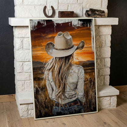 Cowgirl at Sunset Canvas Wall Art, Western Mountain View in white floating frame