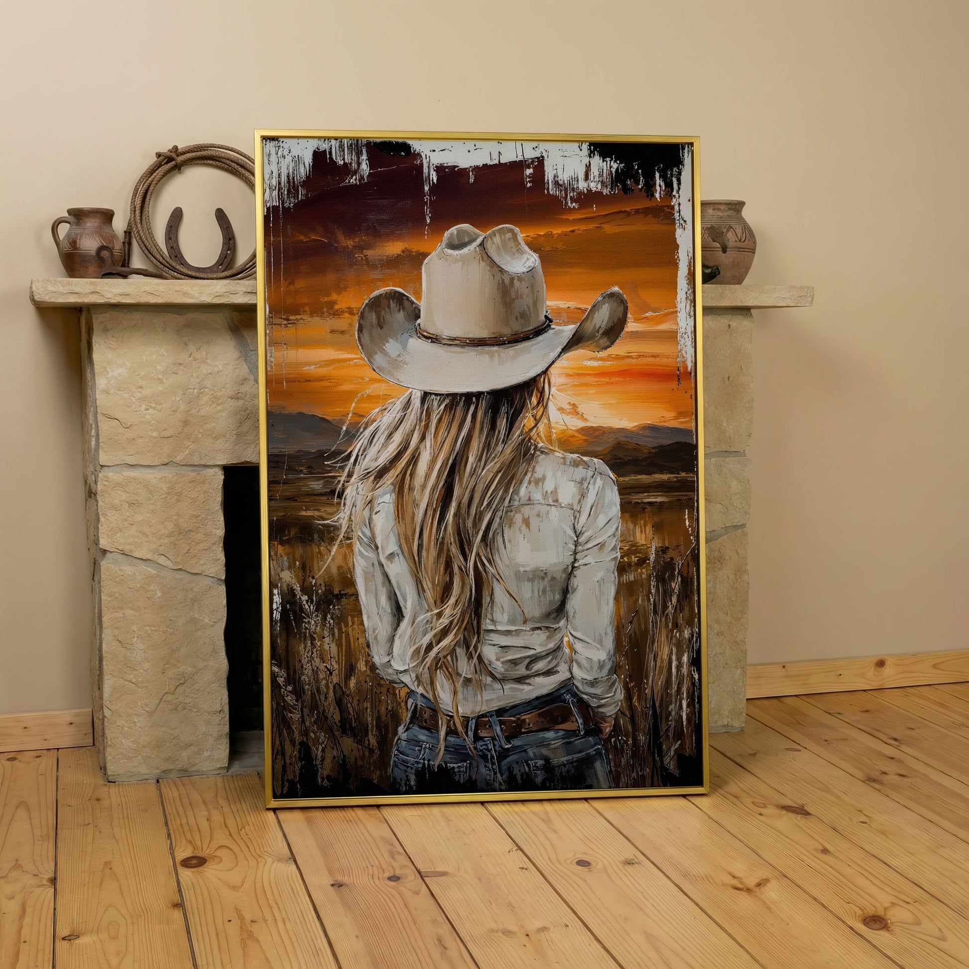 Cowgirl at Sunset Canvas Wall Art, Western Mountain View in yellow gold floating frame