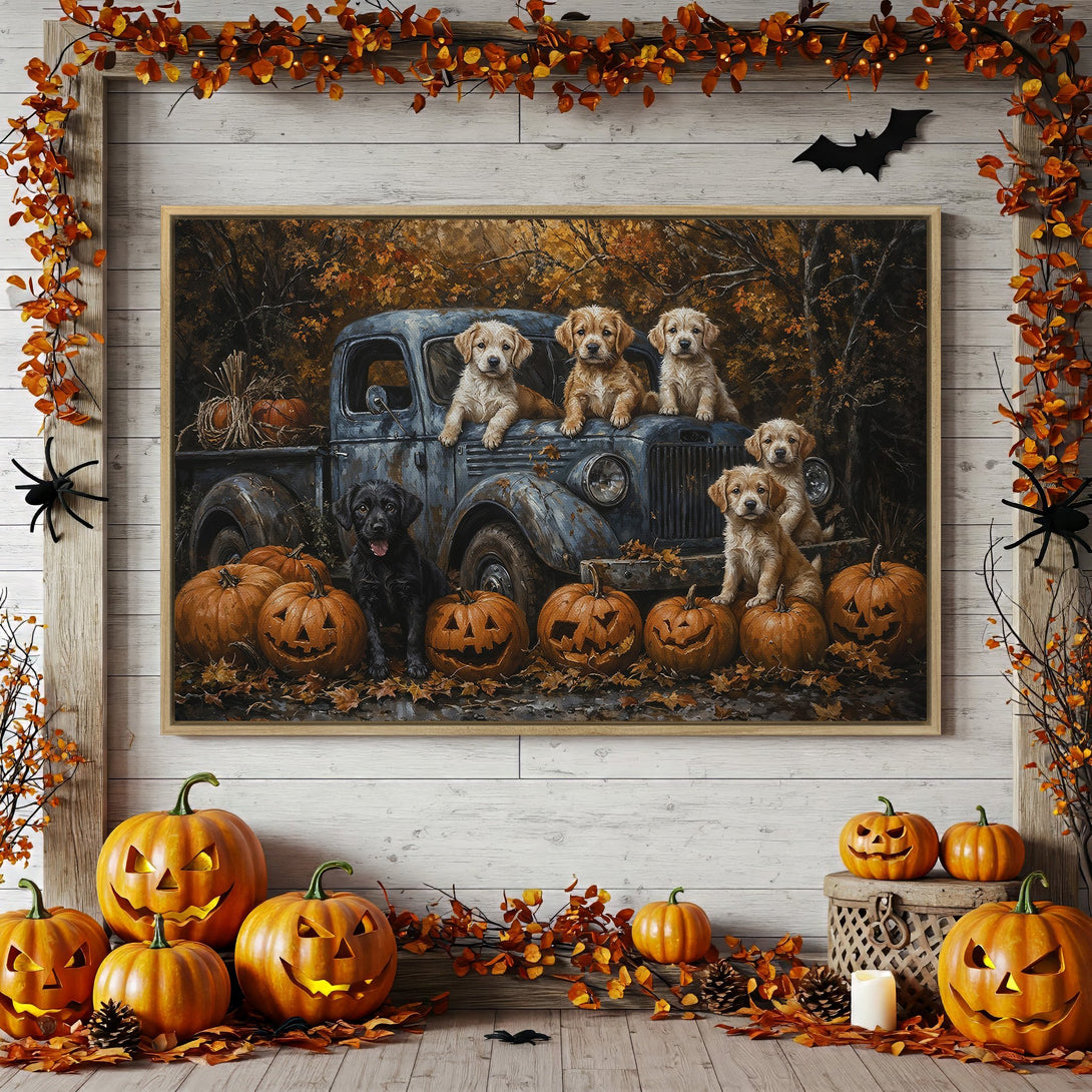 Framed Wall Art: Adorable puppies in a vintage truck, surrounded by pumpkins. Warm autumn hues create a cozy, Halloween-themed canvas print.
