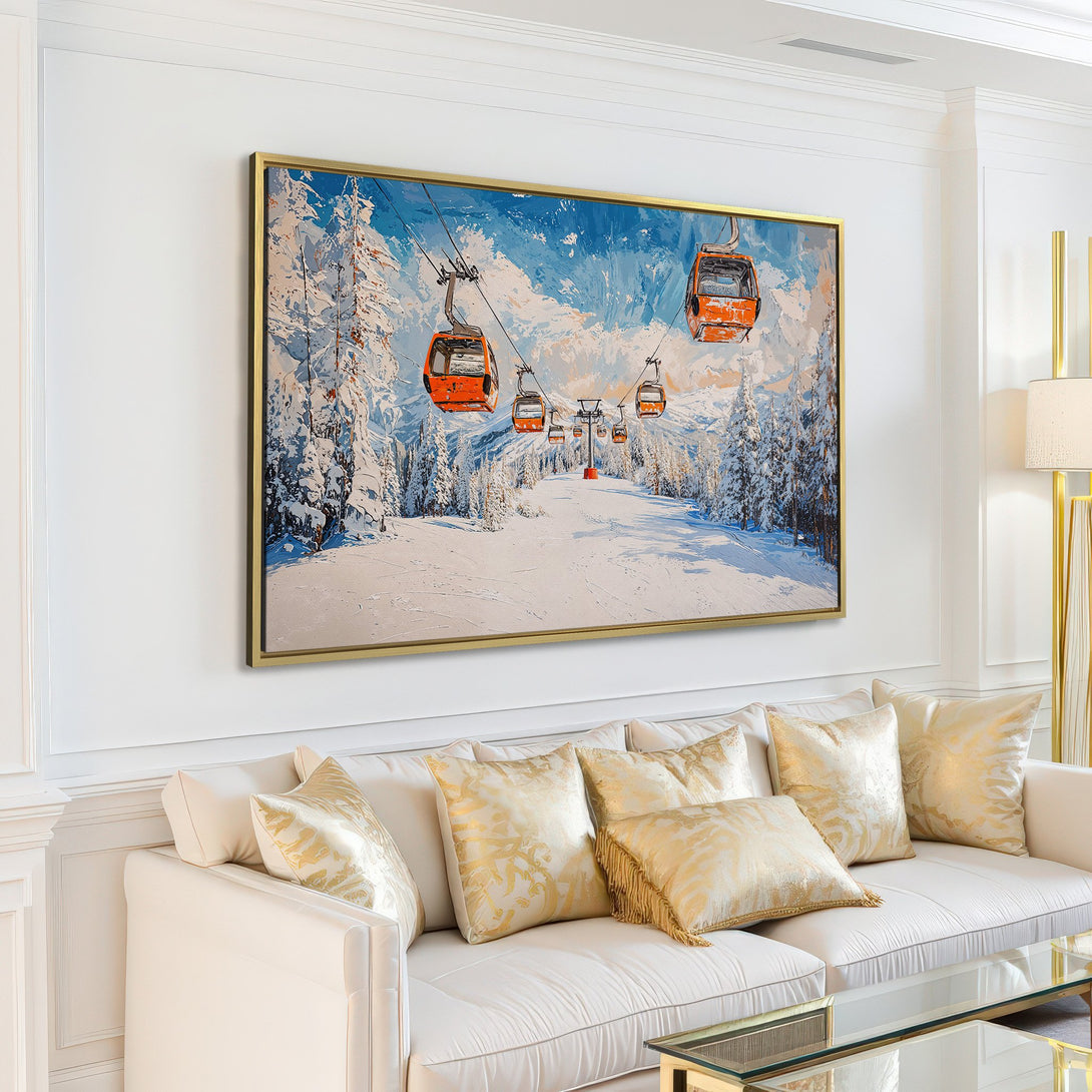 Canvas Print of a snowy ski slope scene with orange gondolas, in a bright blue and white color palette. Perfect wall art!