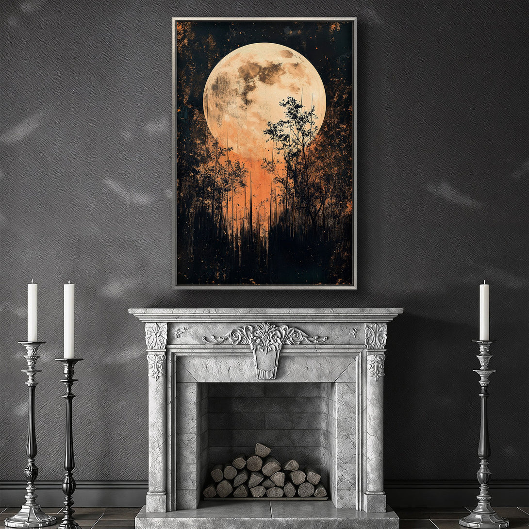 Framed Wall Art featuring a dramatic moonlit forest scene in black, orange, and gray. Perfect for adding a touch of mystery to your home decor.