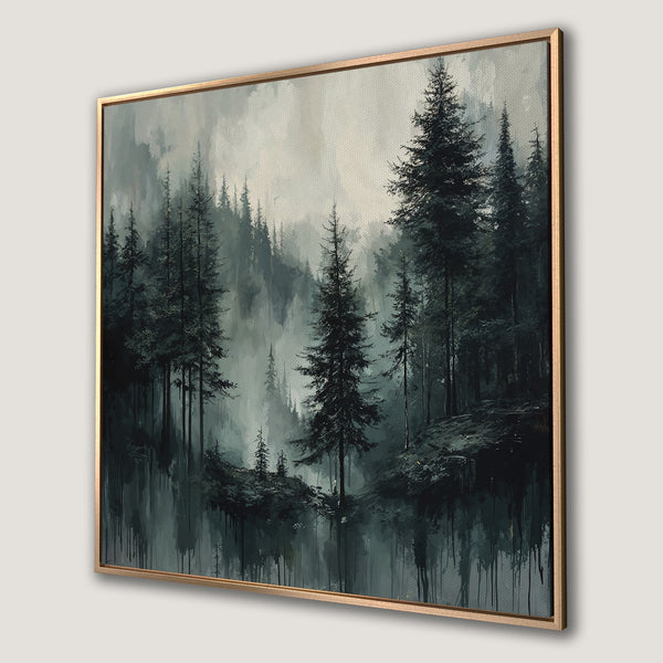 Framed Wall Art: Moody forest scene in muted greens & grays. Evocative landscape Canvas Print, perfect for adding depth to any space.