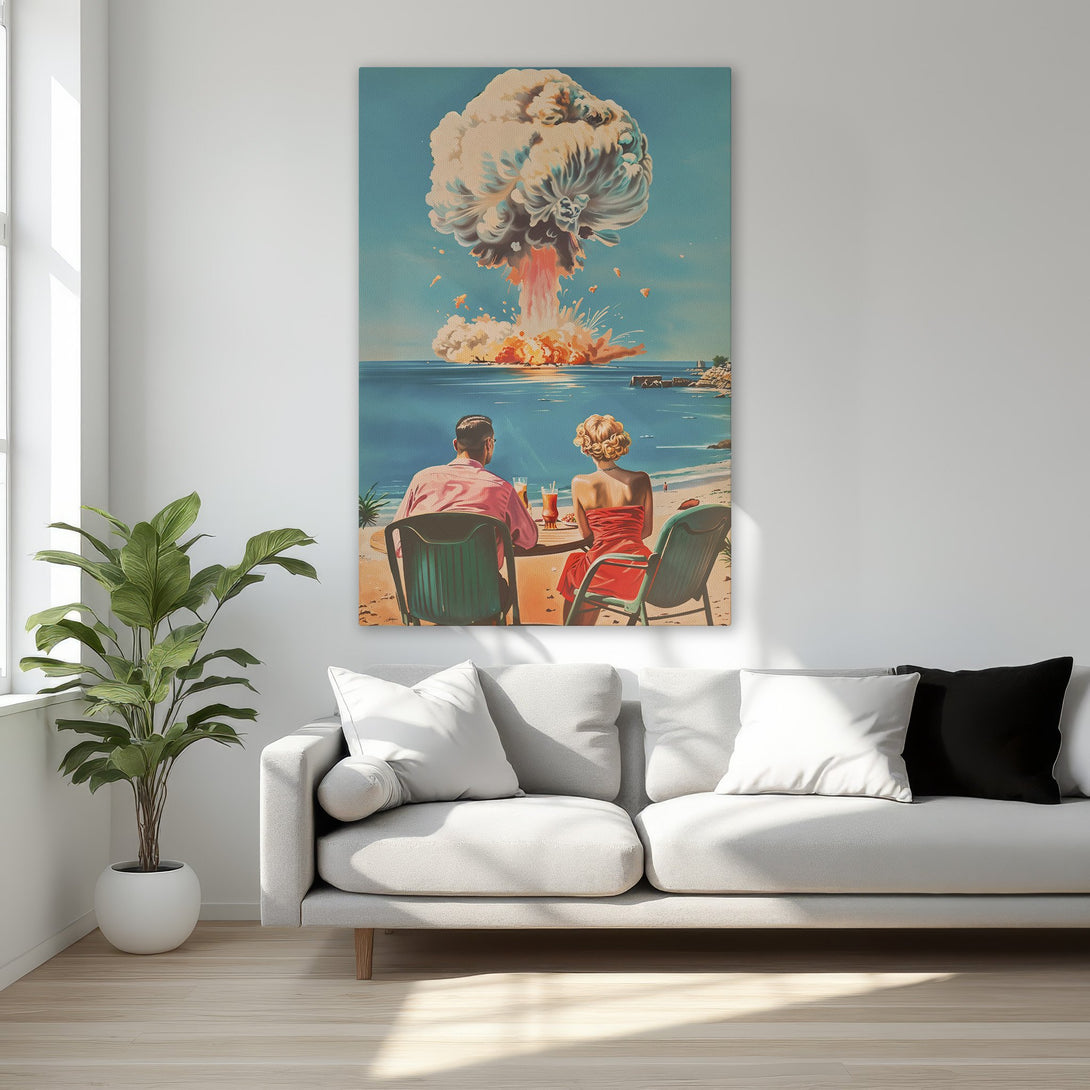 Framed Wall Art: Retro couple watches a nuclear explosion on a beach. Canvas print in teal, orange, and beige tones, perfect for adding a unique touch to your home!