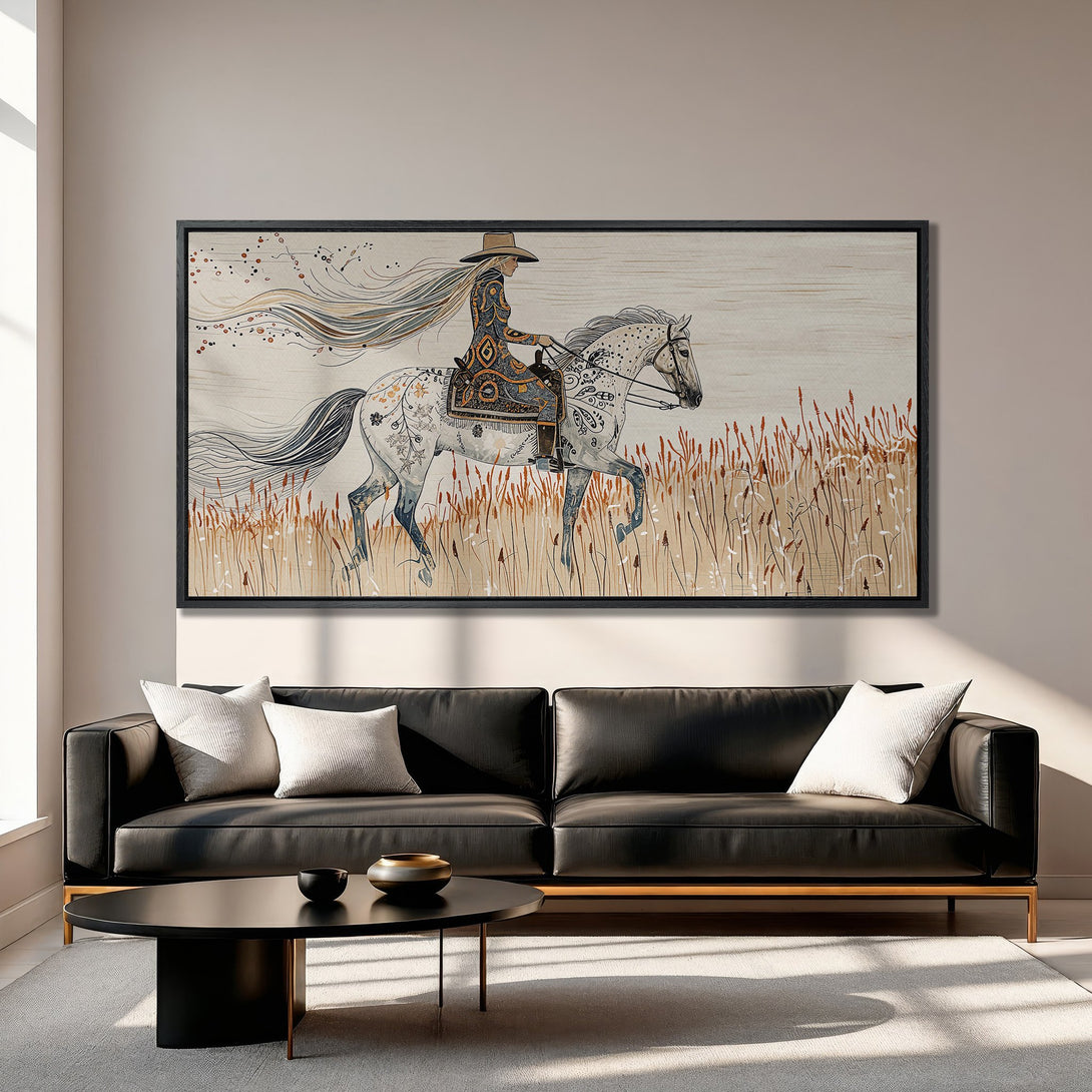 Framed Wall Art: Bohemian style canvas print of a woman riding a horse, neutral color palette. Perfect for living room decor.