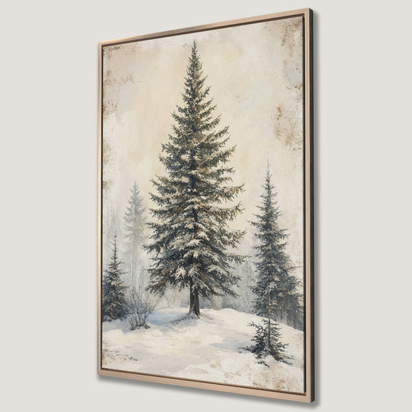 Framed Wall Art featuring a serene winter forest scene. A snowy landscape with evergreen trees, painted in a vintage style with a muted, neutral color palette.