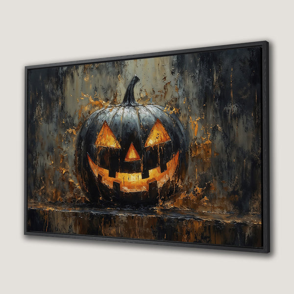 Framed Wall Art: Spooky Halloween Jack O'Lantern painting with black, gold, and orange color palette. Perfect for seasonal decor.