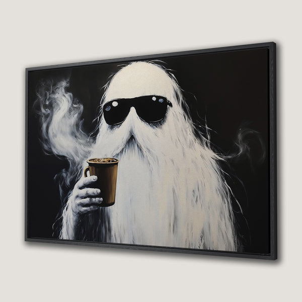Framed Wall Art: Cool ghost enjoying coffee. Modern black & white art print perfect for your home decor. Unique and stylish canvas print.