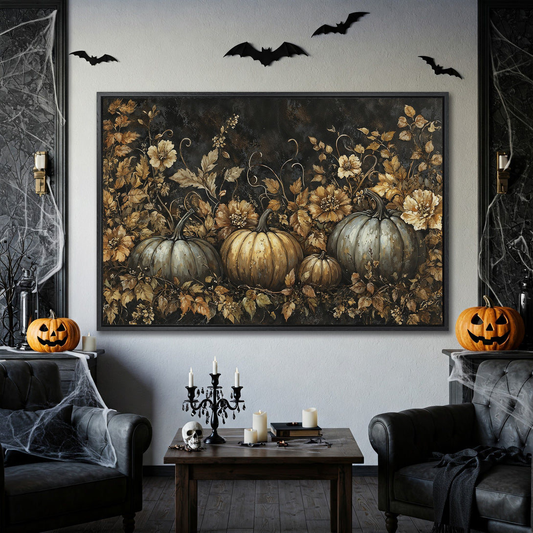 Framed Wall Art: Spooky pumpkin print in a dark, moody color palette. Perfect Halloween decor!
