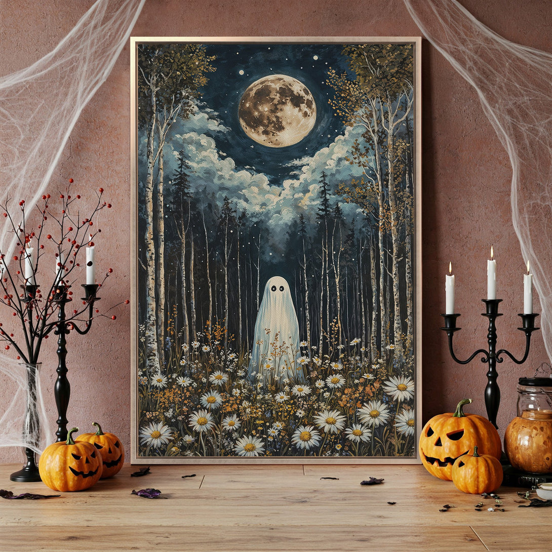 Framed Wall Art: Spooky forest scene with a ghost under a full moon. Dark blue, green, and white color palette. Perfect Halloween decor!