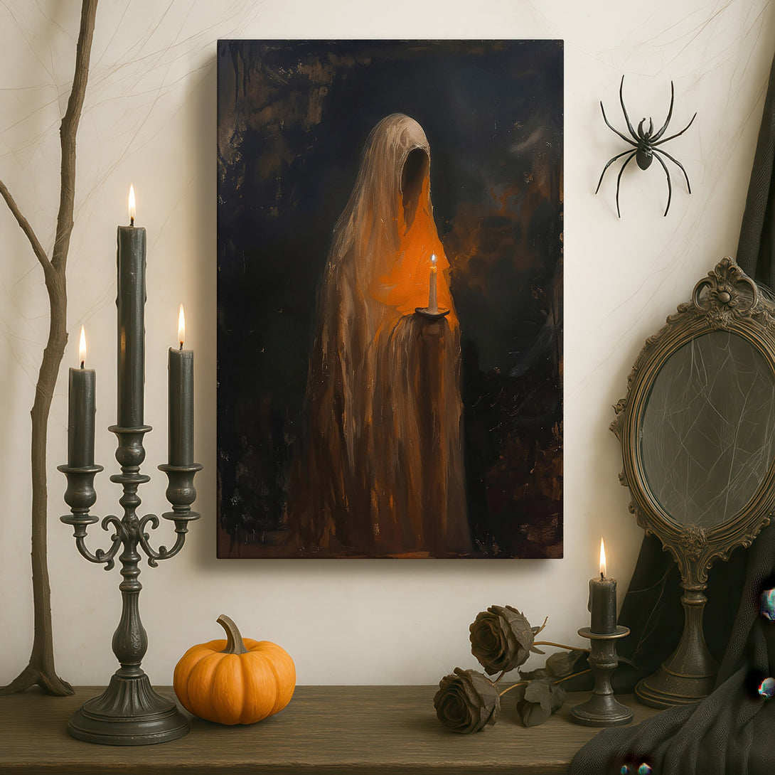 Framed Wall Art featuring a spectral figure with a candle, in a moody, gothic style. Warm, earthy color palette creates a dramatic focal point for any space.