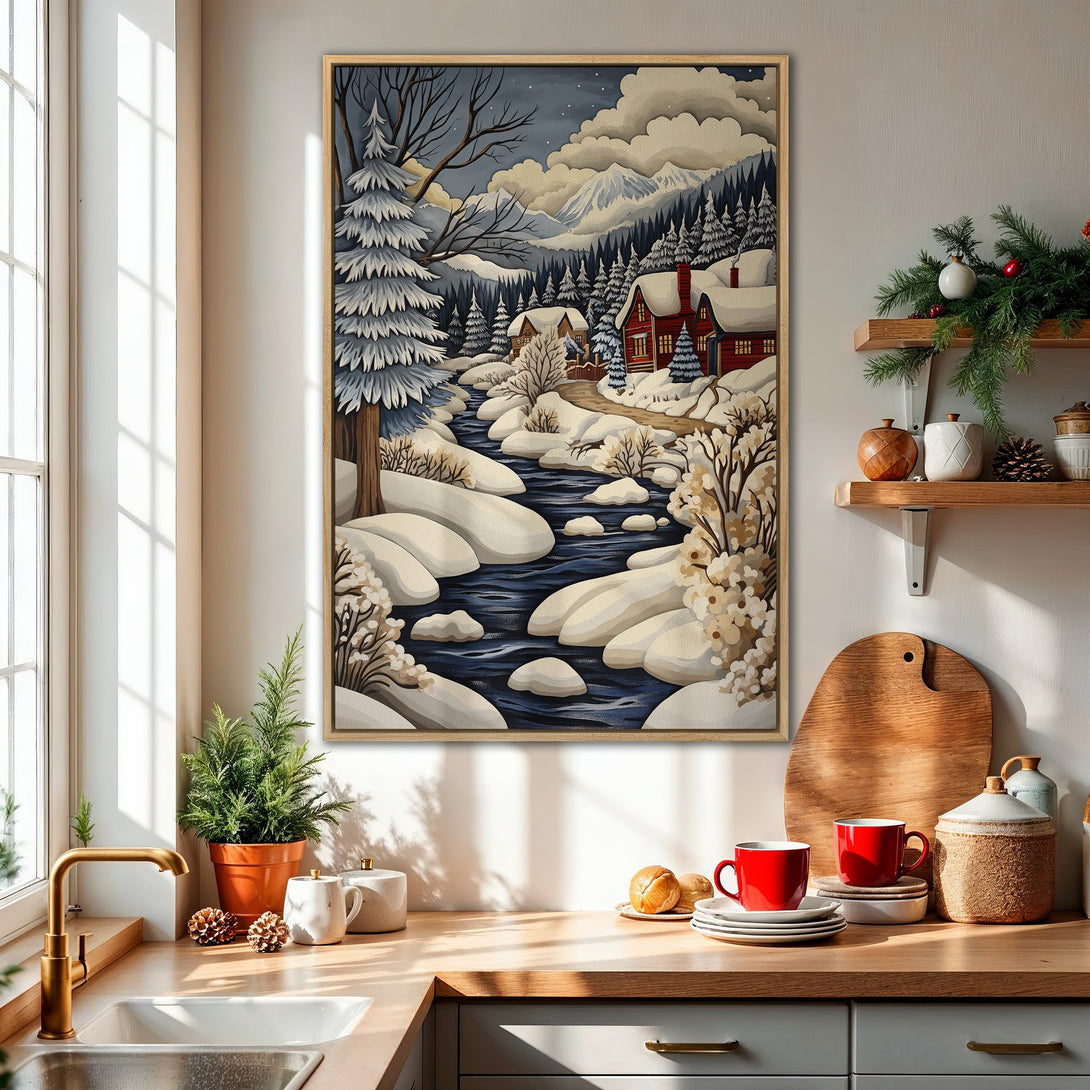Framed Wall Art: Winter landscape Canvas Print with snow-covered houses, river, and trees. Features a blue, white, and red color palette, perfect for cozy decor.