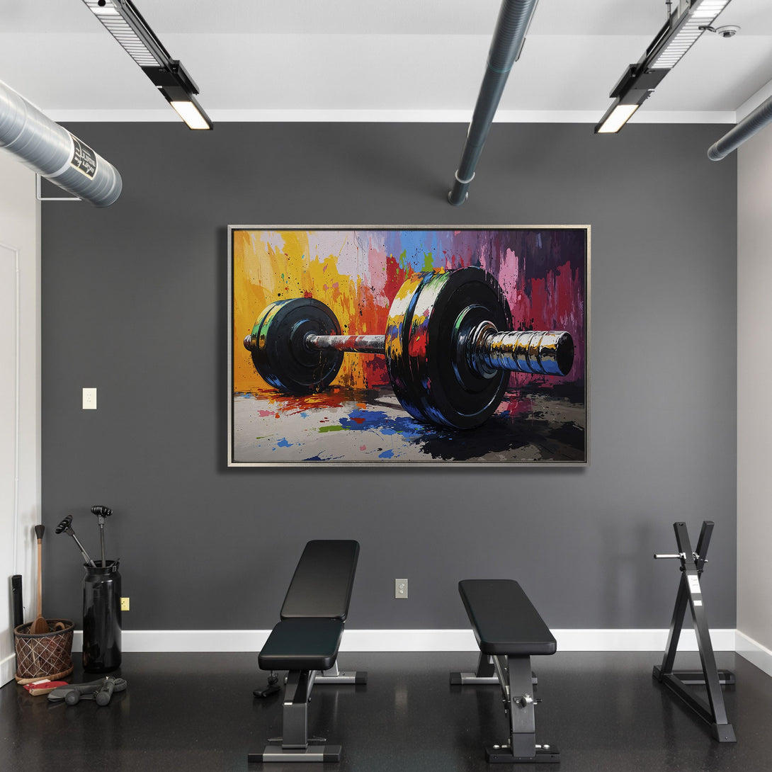 Framed Wall Art: Abstract dumbbell art in a gym setting. Bold, colorful painting with a vibrant palette of blues, yellows, and reds. Perfect for home gyms!