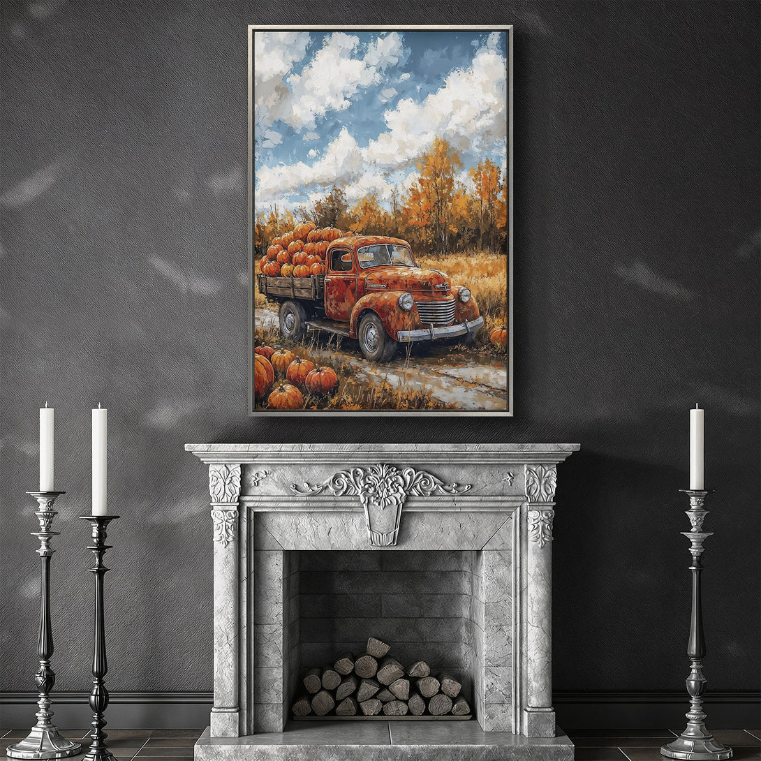 Framed Wall Art: Rustic pumpkin truck scene in warm autumn colors. Perfect fall decor for your home. Canvas Print with a cozy, inviting vibe.
