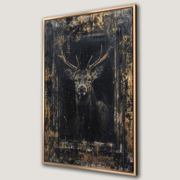 Framed Wall Art: Majestic stag canvas print in abstract style with black, gold, and brown color palette. Perfect for adding a touch of nature and elegance to your home.