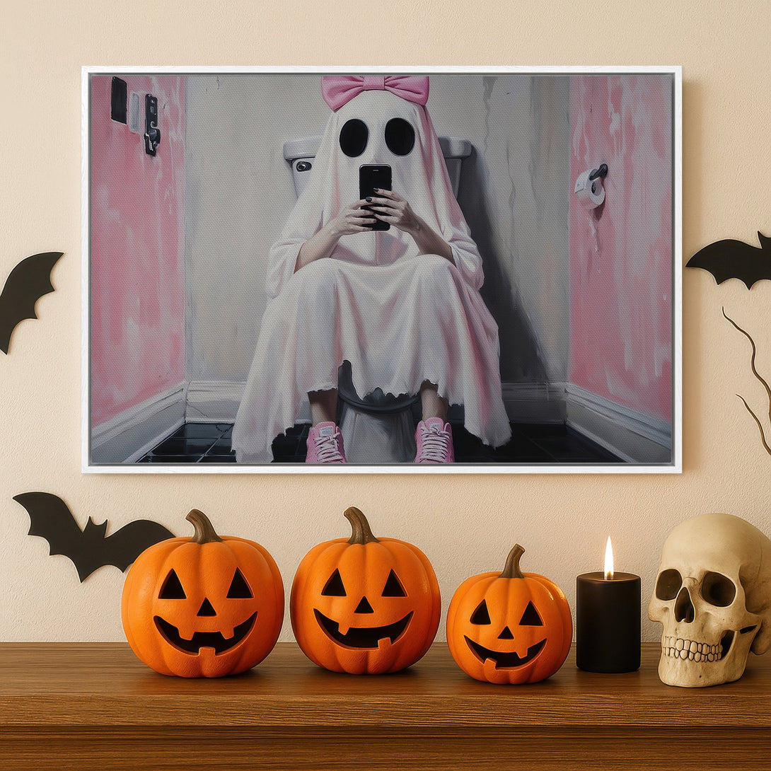 Framed Wall Art: Whimsical Halloween ghost on toilet, pink and gray palette. Modern art canvas print for spooky decor.