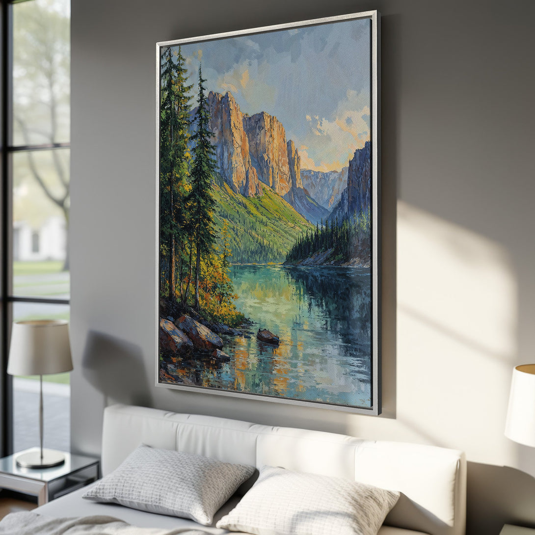 Framed Wall Art: Stunning landscape canvas print featuring a mountain lake scene in vibrant blues, greens, and golds. Perfect for adding natural beauty to your home decor.
