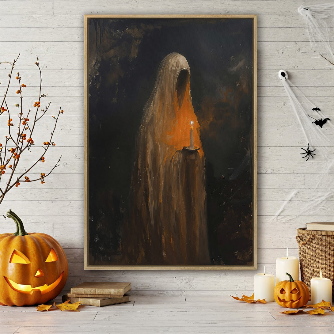 Framed Wall Art: Spooky Halloween ghost painting with warm orange and dark tones. Perfect for seasonal decor! Add a touch of mystery to your space.