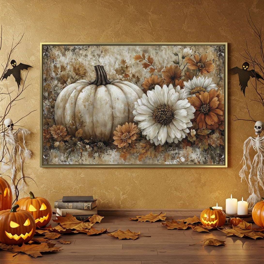 Halloween Canvas Print featuring a pumpkin and flowers in warm autumn tones. Perfect fall decor! Rustic style, orange & brown palette.