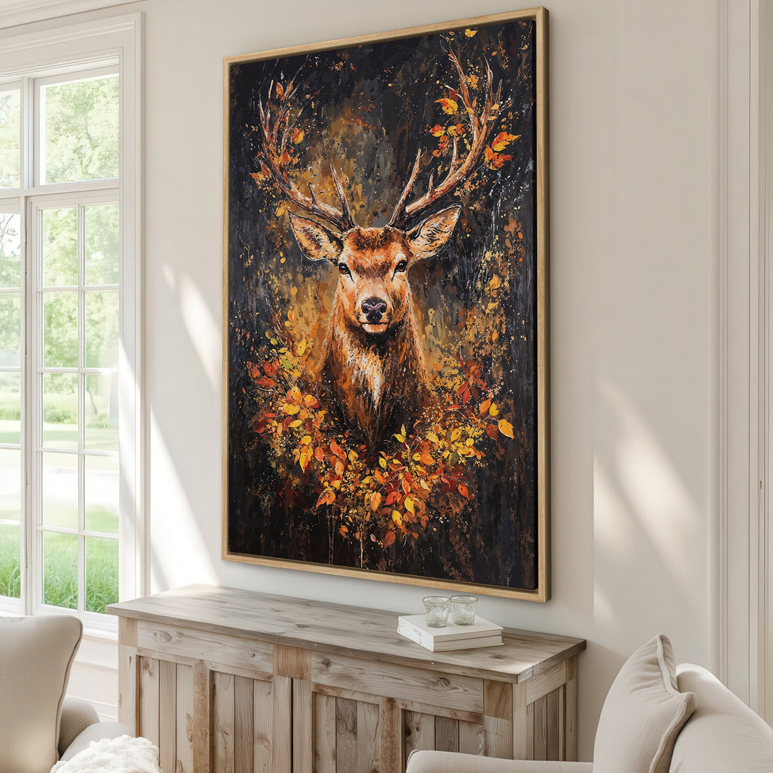 Framed Wall Art: Majestic deer portrait in a warm, autumnal palette. Stunning abstract style Canvas Print, perfect for adding a touch of nature-inspired elegance to your home.