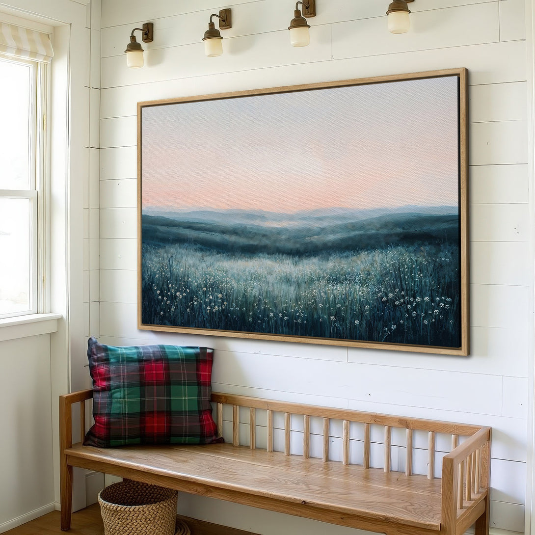 Framed Wall Art: Serene landscape painting in teal and pink hues. Modern farmhouse style canvas print for your home.