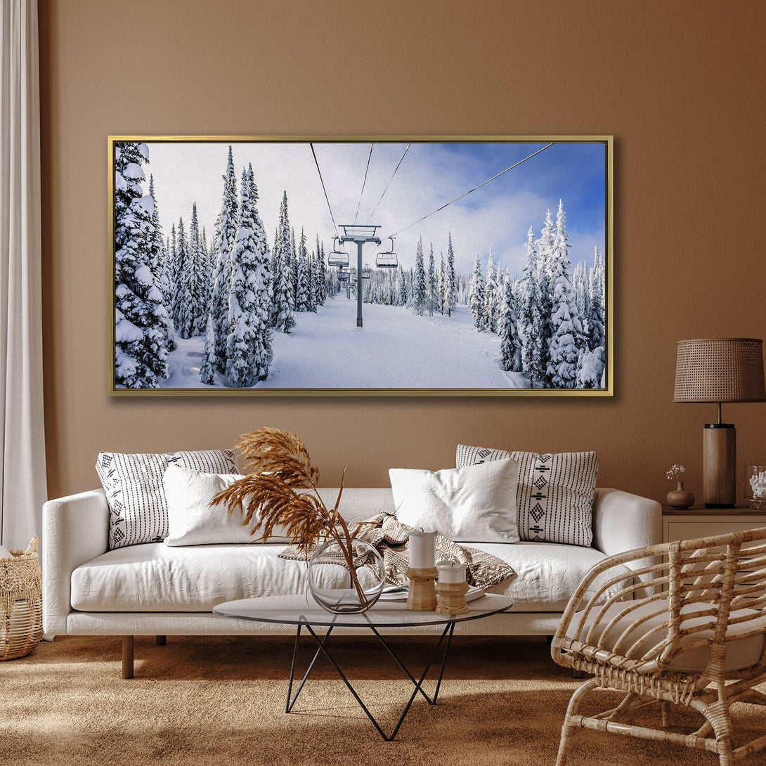 Canvas Print of snowy mountain scene with ski lift. Serene winter landscape in cool blue and white tones. Perfect wall art for your home.