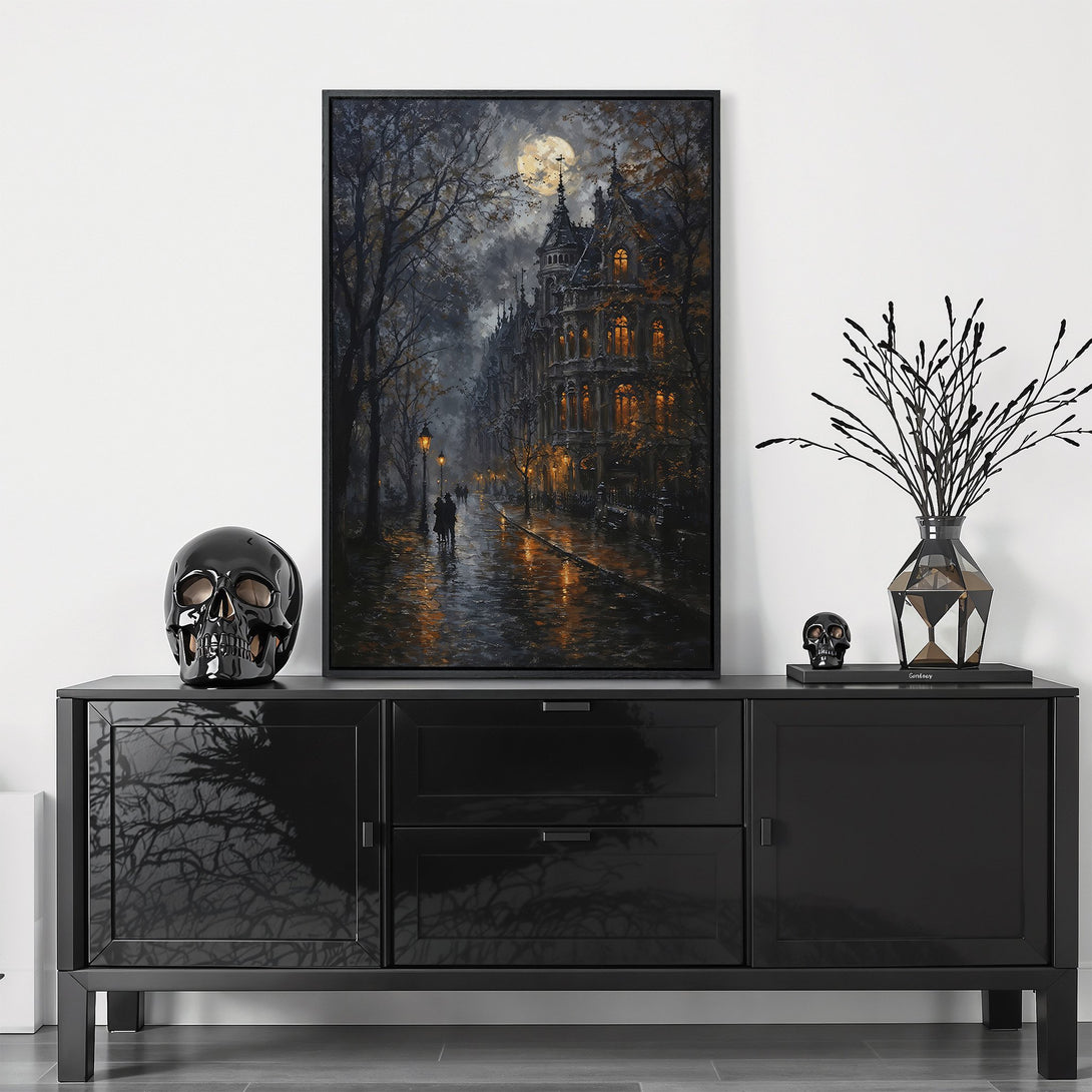 Framed Wall Art: Moody cityscape Canvas Print with a dark, gothic aesthetic. Features a moonlit street scene in a muted, warm color palette. Perfect for Halloween decor.