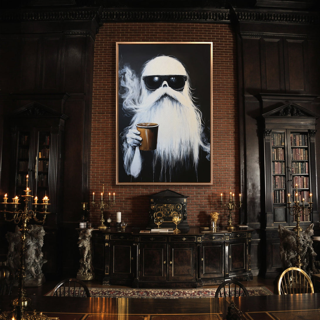 Framed Wall Art: Cool bearded figure with sunglasses, holding a coffee cup. Modern art in a dark, moody interior with a brick wall. Black, white, and brown palette.